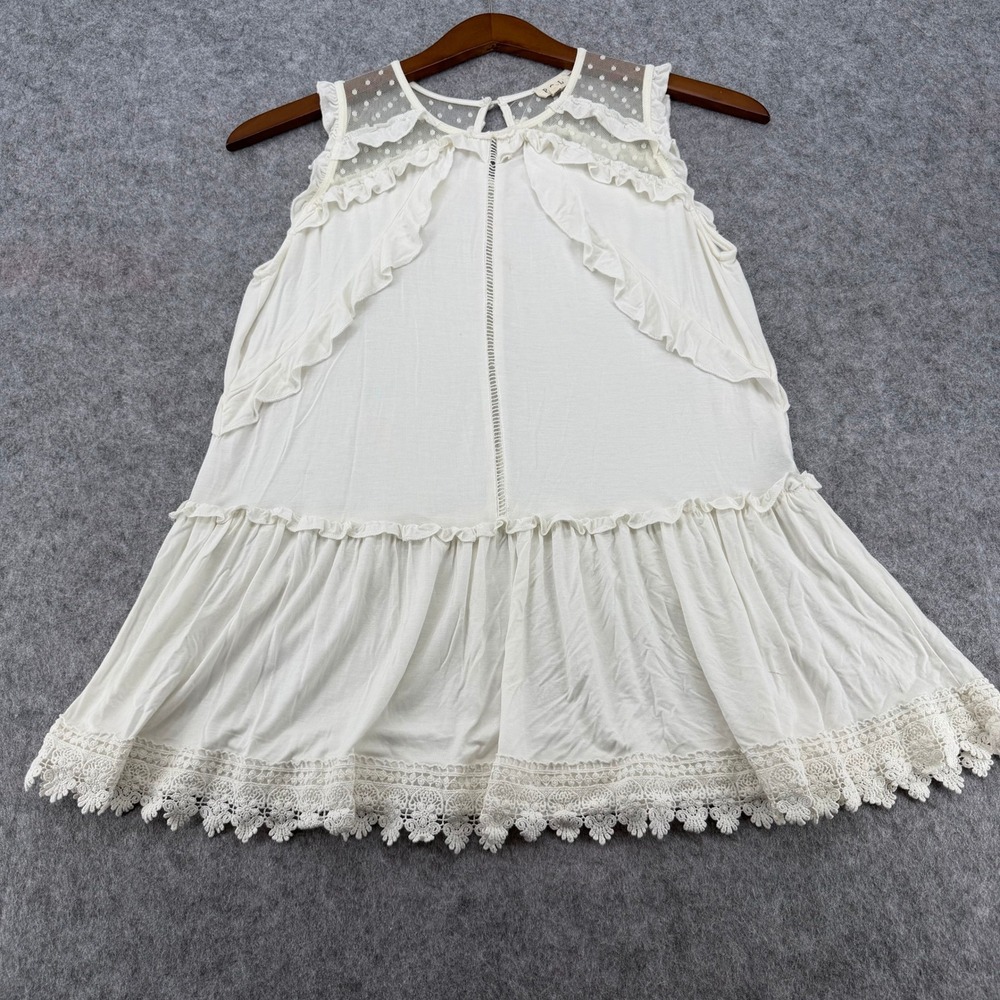 POL Womens Boho Ruffle Swiss Dot Mesh Lace Hem Babydoll Top Ivory Cream M RCT769